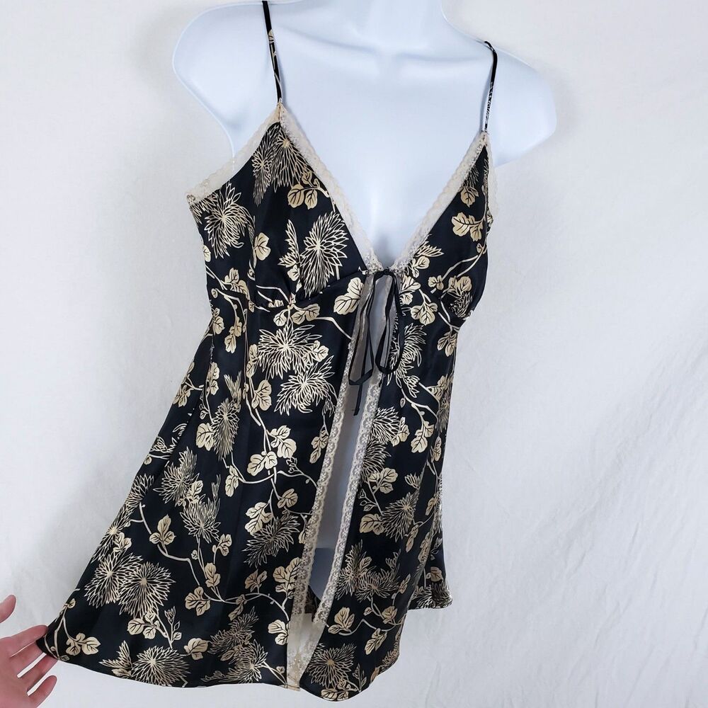 Victoria's Secret Babydoll Lingerie Floral Satin Tie Front Top Womens M Black